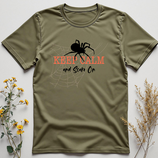 Keep Calm and Scare On Tee - Spirit-steady confidence with a spooky twist